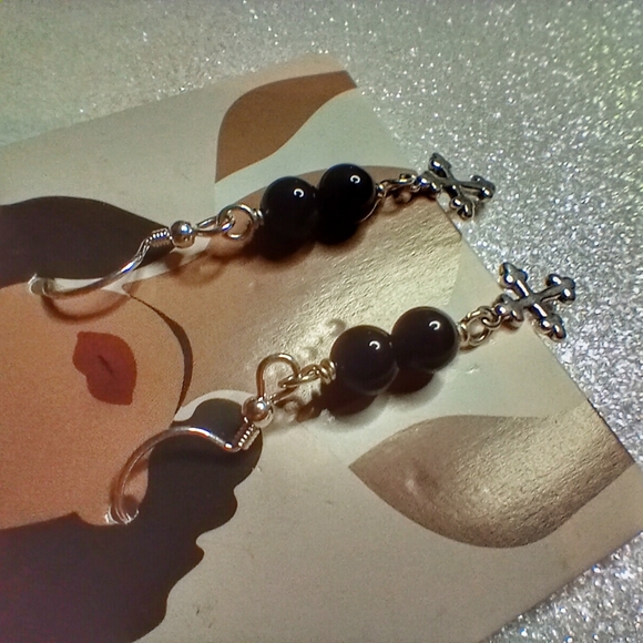 Sterling Silver Black Onyx Dangle Earrings with a Cross charm - Picture 3 of 6
